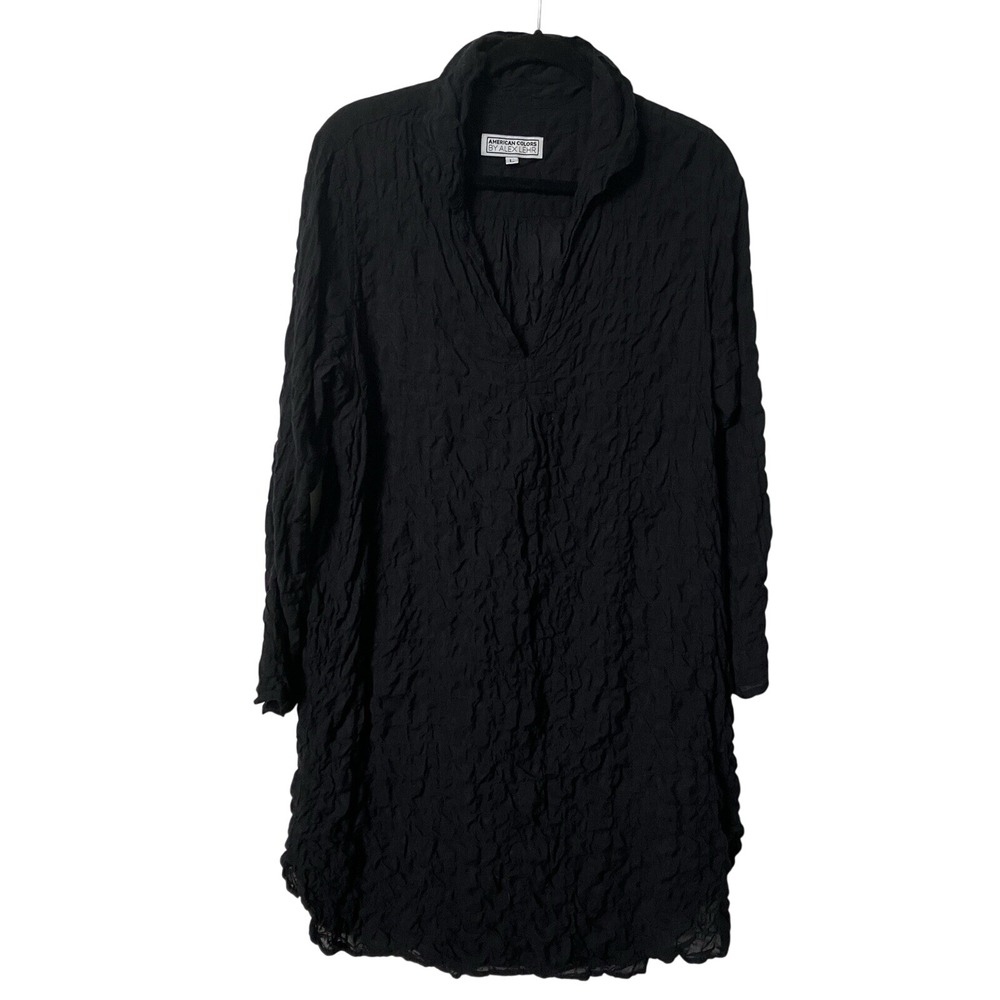 American Colors by Alex Lehr Black Crinkle Gauze Tunic Dress Long Sleeve Large